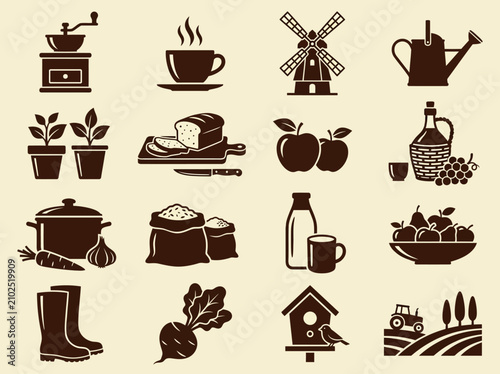 Slika na platnu Rustic Farm and Kitchen Icons: Flat Vector Illustration Set featuring Agricultur
