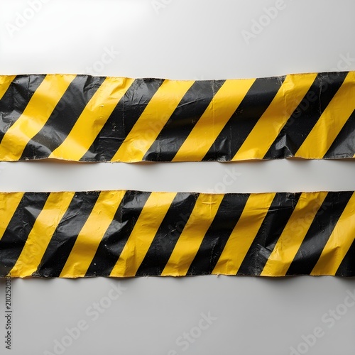 Two wrinkled yellow and black caution tapes. Isolated on transparent background.