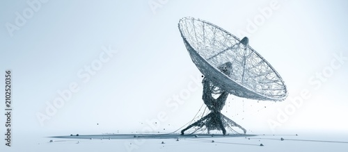 Intricate mesh dish antenna on stand, scattered debris on ground
