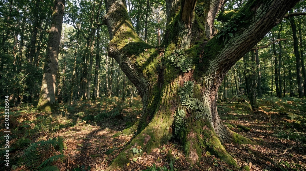 Fototapeta premium Large ancient oak tree with moss in a sunny deciduous forest