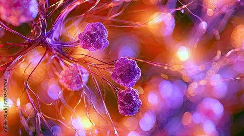 Abstract glowing purple spheres linked by thin, ethereal, reddish threads