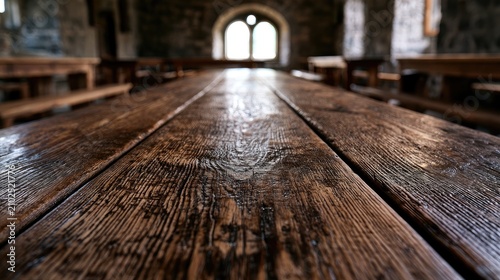 Aged wooden communal table in a stone hall with arched window