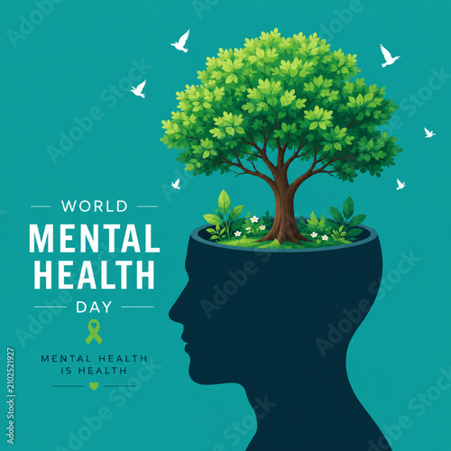 World mental health day concept featuring a human silhouette head and a growing tree symbolising psychological wellbeing and nature connection