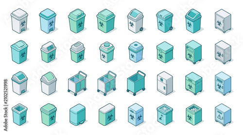 Isometric Biohazard Waste Bin Icon Set for Medical and Laboratory Safety Infographics