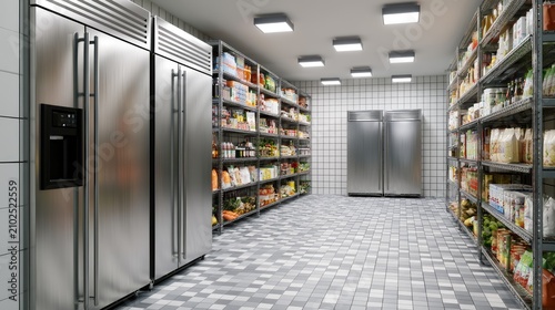 Stainless steel refrigerators and shelves overflowing with food staples