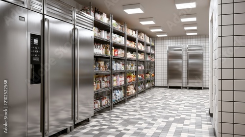Gleaming stainless steel kitchen pantry with full shelves and refrigerators