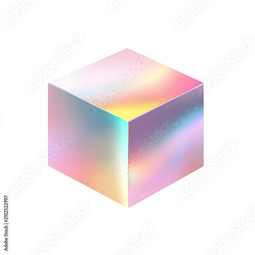 Iridescent geometric cube with pastel holographic reflection isolated on a transparent background