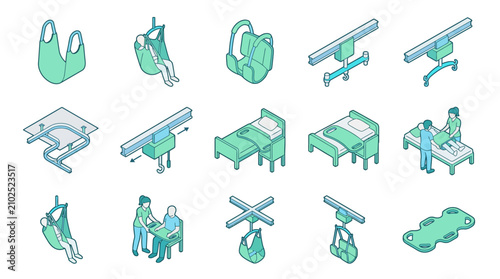 Isometric medical patient lift and transfer equipment icons set for nursing care and hospital accessibility