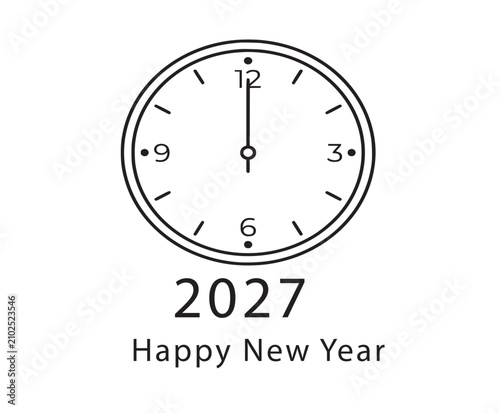 Minimal Happy New Year 2027 Clock Countdown Line Icon on White Background