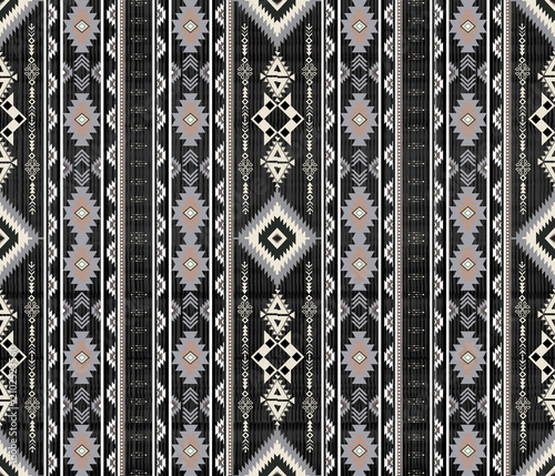 Geometric seamless fabric art is suitable for all occasions. Abstract, ethnic, black background, geometric styles. Ideal for textiles, pillows, curtains, clothing, vector images, background images.