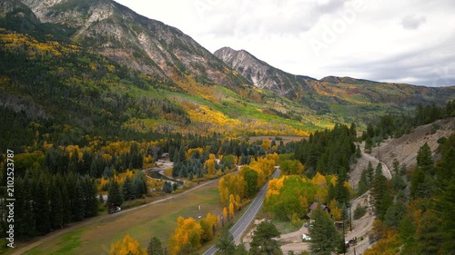 Aerial view of a mountain valley during autumn fall colors at Marble, Colorado.