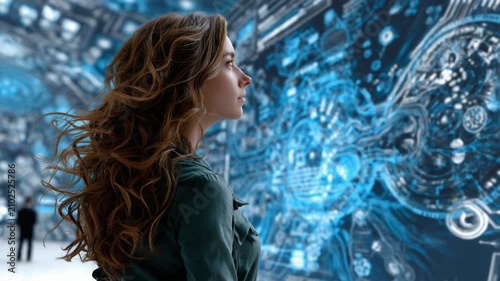Future Gazer: A young woman with flowing hair gazes intently at a vibrant, glowing digital display, her profile silhouetted against the futuristic backdrop of a technologically advanced environment.