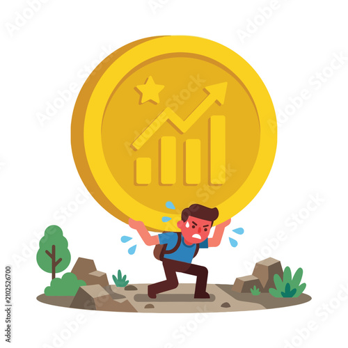 Man struggling to carry large golden coin with financial graph, representing financial burden and effort