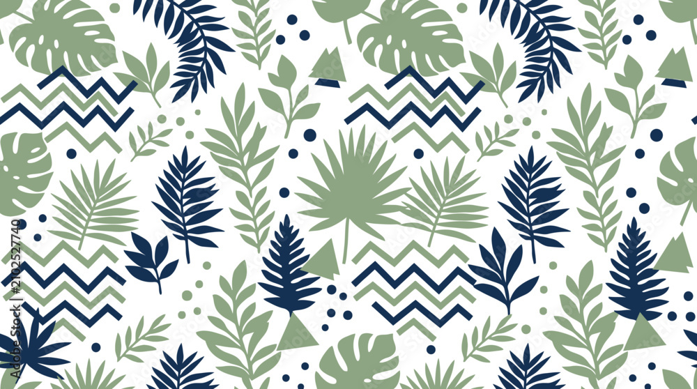 Fototapeta premium Tropical jungle pattern with palm leaves ferns and geometric zigzag lines for modern decor.