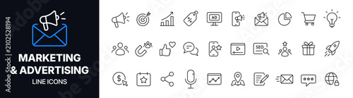 Modern marketing advertising line icon set featuring SEO, analytics, email marketing, social engagement, ecommerce, branding, digital promotion, and business growth symbols.