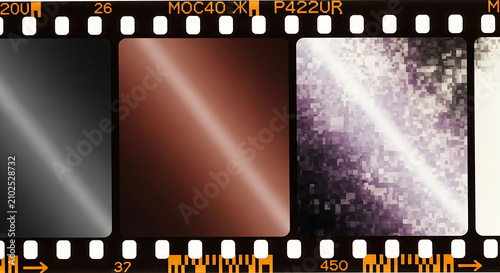 Film strip with three frames showing abstract light and color patterns reel