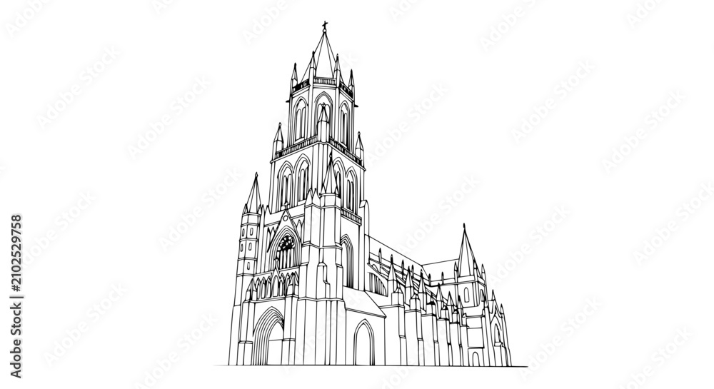 Obraz premium Gothic Cathedral Sketch - Architectural Outline Drawing of Historic Building