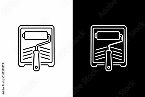 Linear icons of a paint roller and tray for renovation and home decoration projects