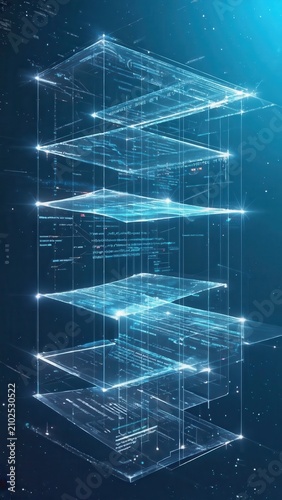 Vertical futuristic data structure with glowing grids