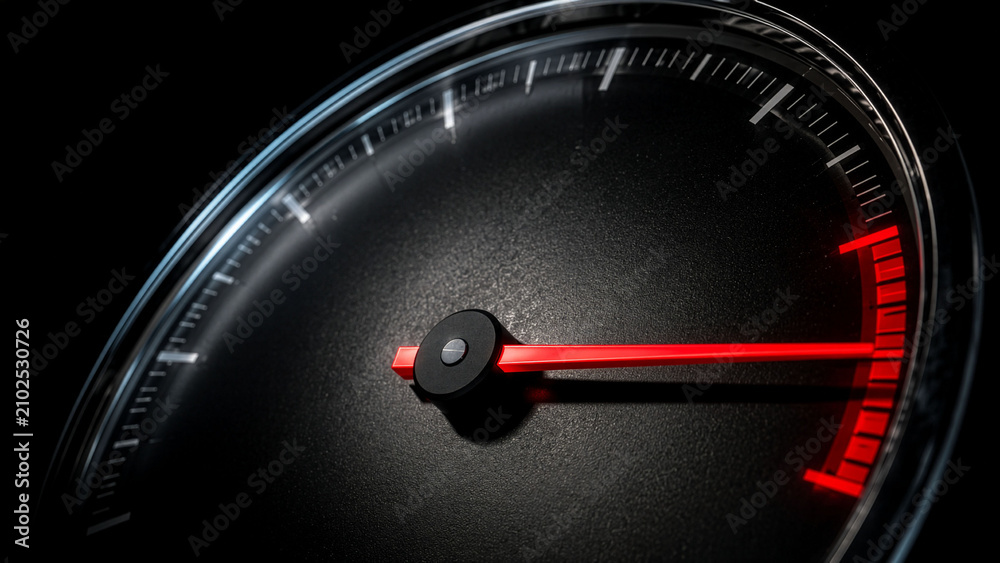 Naklejka premium Tachometer in the Red Zone Symbolizing Maximum Performance and Success
