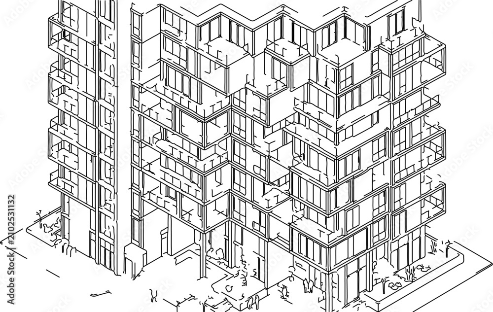 Obraz premium Modern Isometric Architectural Line Drawing of Apartment Building