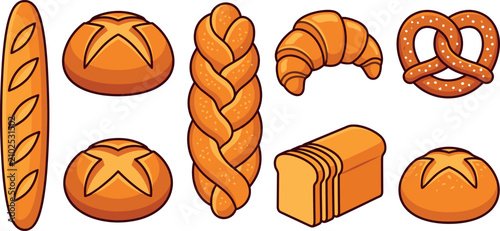 Tableau sur toile Bakery bread vector collection with baguette croissant loaf pretzel challah bun