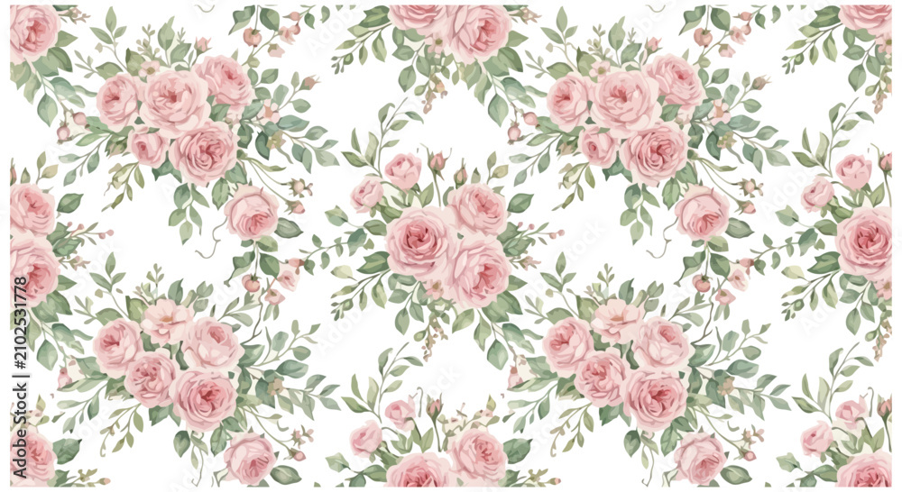 Fototapeta premium Floral pattern with pink roses and green leaves