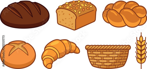 Obraz na płótnie Bakery bread vector collection with basket rye wheat loaf croissant challah bun