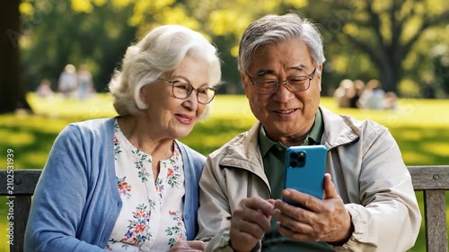 Senior couple smiling while looking at a smartphone in the park