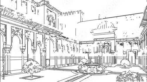 Alhambra Palace Court of the Lions Architectural Coloring Page