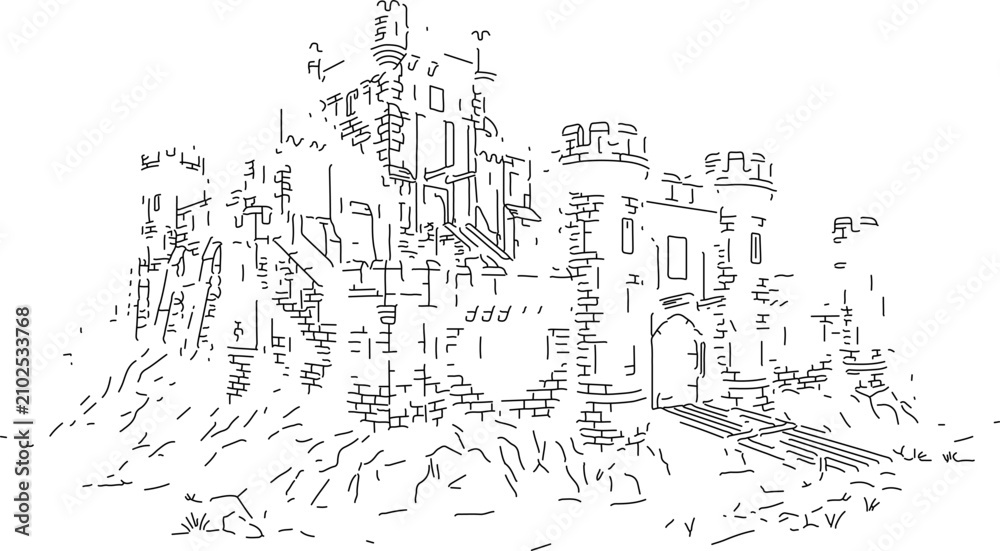 Fototapeta premium Medieval Stone Castle Fortress Line Art Illustration