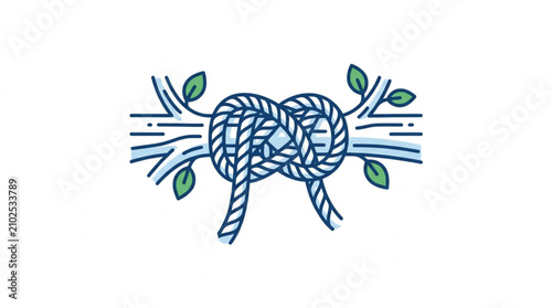 Foto Intricate rope knot with green leaves illustration.