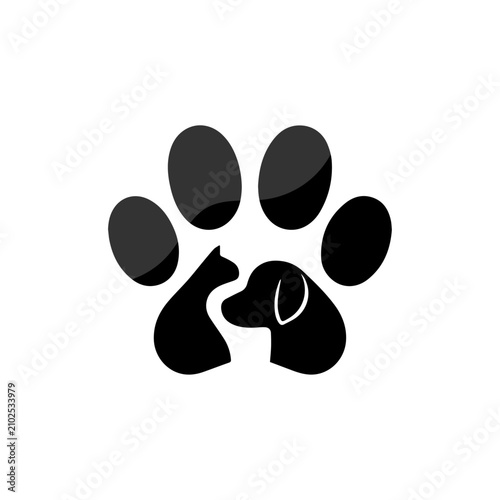Black silhouette of paw print with cat and dog heads inside on a white background pet lover design