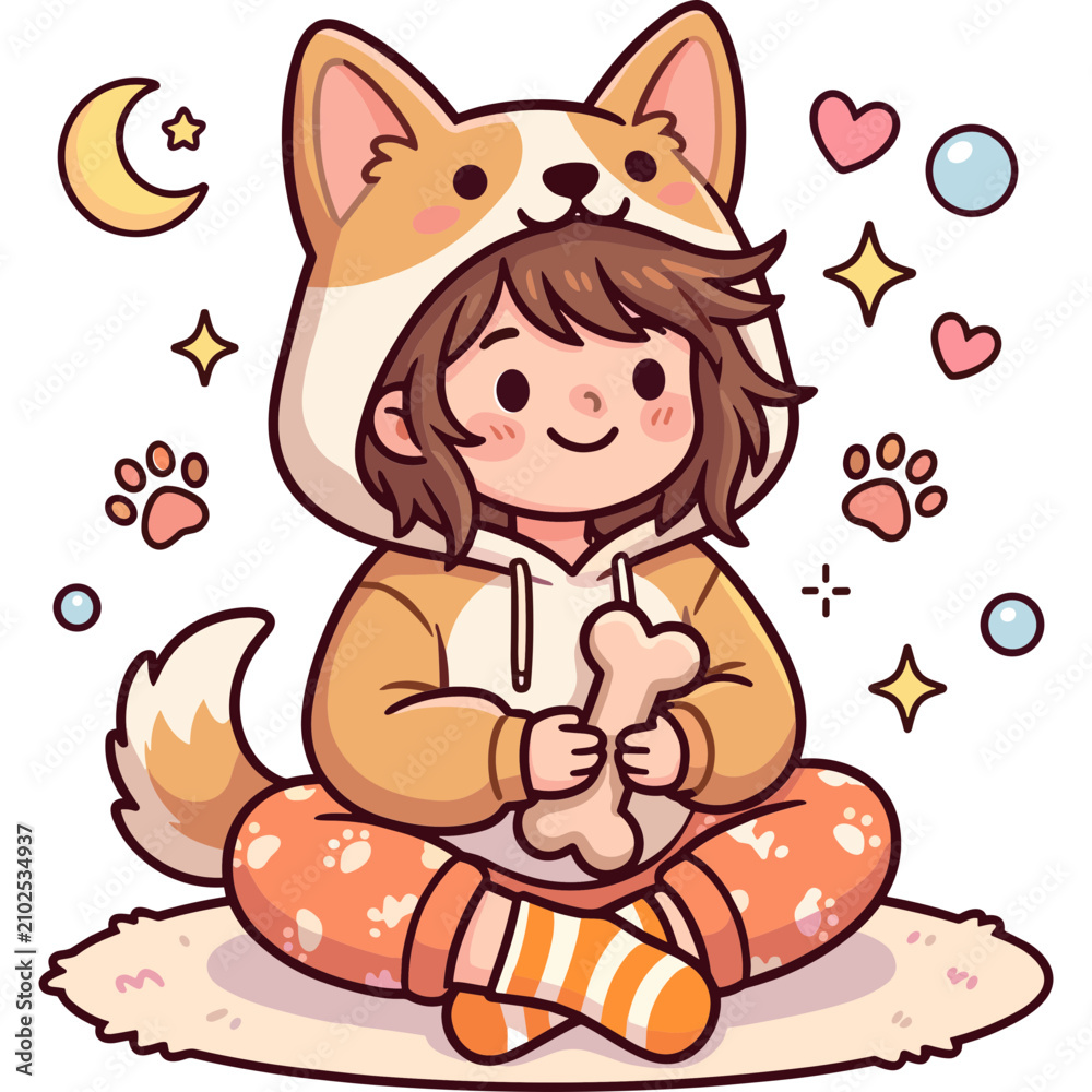 Fototapeta premium Cute girl in corgi onesie holding bone kawaii character illustration sticker