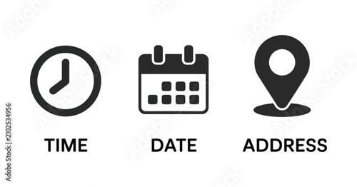 Fotografía Time date and address icon set, calendar, clock and location pin symbols, editable stroke, linear vector outline illustration, business scheduling and navigation