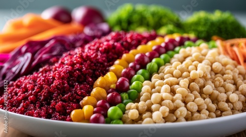Colorful assortment of fresh vegetables and legumes arranged neatly on a white plate showcasing healthful eating and vibrant culinary presentation