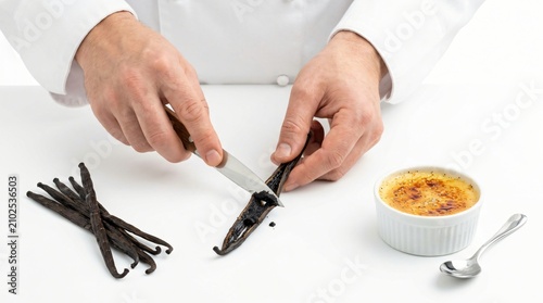 A professional chef meticulously preparing vanilla extract by slicing a whole vanilla bean with precision, accompanied by fresh vanilla beans and a 