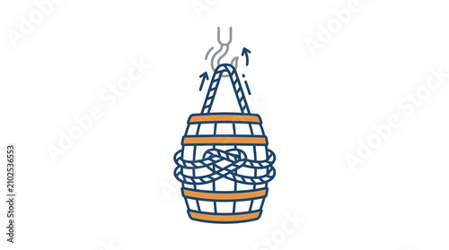 Fotografija Steaming wooden barrel with rope and steam illustration.