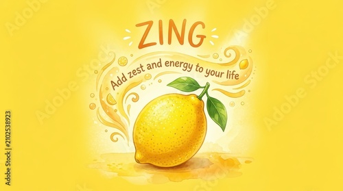 Bright yellow lemon with swirling juice and the word ZING, promoting zest and energy for life.