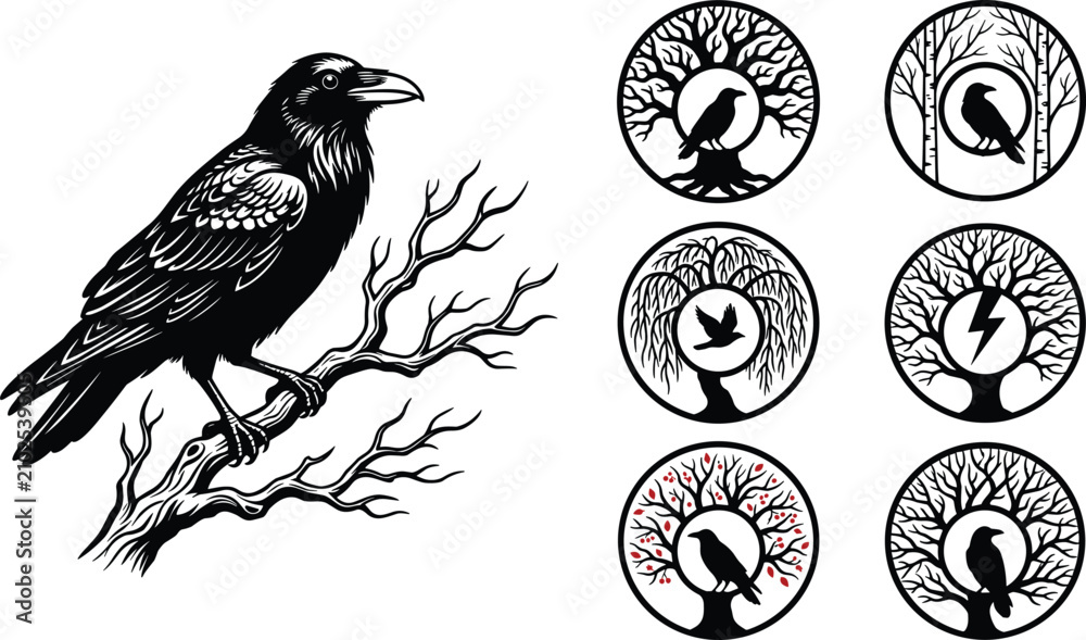 Obraz premium Raven Bird on Branch and Tree of Life Round Emblem Set for Mystical Vector Graphics