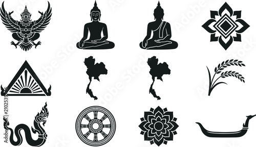 Thailand Cultural Heritage Icon Set Featuring Buddha Statues Garuda Naga and Traditional Thai Silhouette Elements