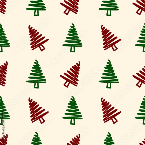 Hand Drawn Christmas Tree Seamless Pattern in Red and Green on Cream Background