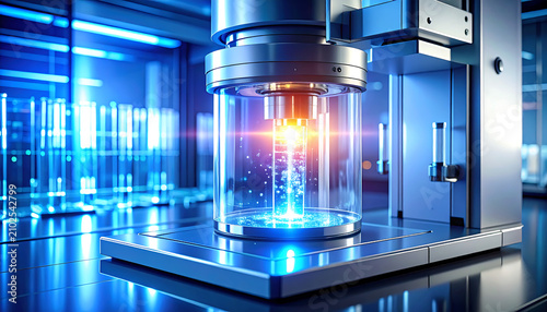 Futuristic Energy Reactor in Advanced Laboratory with Blue Illumination.