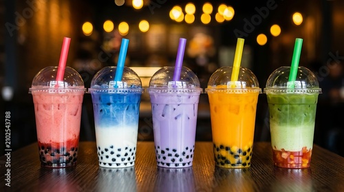 Assorted Colorful Bubble Tea with Tapioca Pearls in Plastic Cups on Wooden Table
