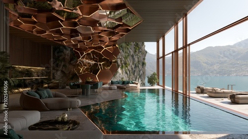 Modern luxury villa interior with stunning lake view, innovative design, hexagonal ceiling, inviting pool, and elegant furniture in serene environment