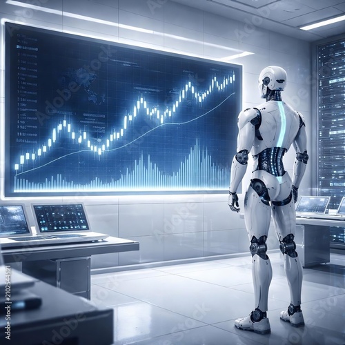  AI Robot Analyzing Stock Market Financial Trading Data on Screen