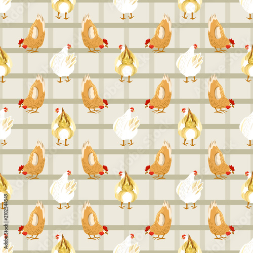 Seamless pattern with white and brown hens, farmhouse style chicken repeat background on plaid texture for rustic textile and kitchen decor