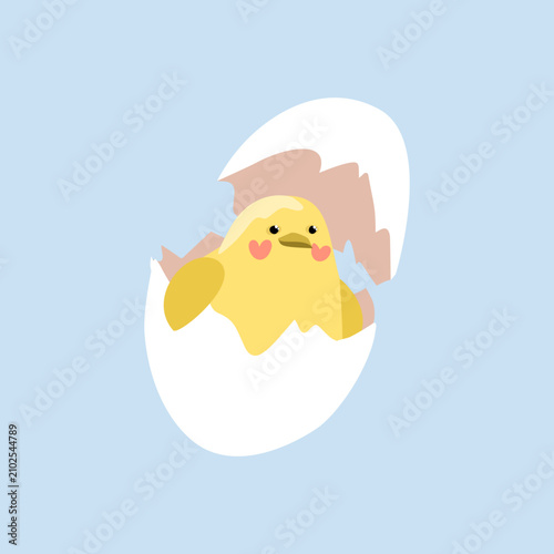 Cute newborn chick hatching from egg, funny little bird character for Easter holiday design
