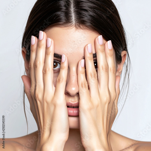 Mujer joven cubriéndose el rostro con las manos mirando de frente con expresión de miedo, ansiedad, inseguridad o sorpresa. Concepto de violencia de genero, salud mental, ansiedad y estrés