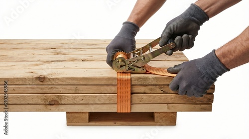 Close-up of workers securing stacked wooden planks with a ratchet strap on a pallet for safe transport and loading